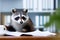 Raccoon in office environment, surrounded by precise filing system