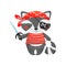 Raccoon pirate character in cartoon style, in a red white vest, red bandana with a knife in his hand and an eye patch.