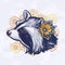 Raccoon portrait. Dreamy magic art. Night, nature, wicca symbol. Isolated vector illustration. Great outdoors, tattoo