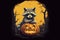 raccoon with pumpkin, halloween greeting card.