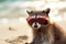 raccoon in a red glasses at the beach in sunny weather resting on warm sand