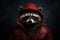 Raccoon in a red hooded jacket