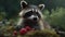 Raccoon sitting on moss with raspberries in the forest
