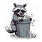 a raccoon is sitting in a trash can and eating something out of it\\\'s trash can, with the trash spilling around it