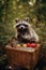 A raccoon standing on its hind legs holding a basket of fruit. Generative AI image.