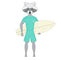 Raccoon surfer with surfboard. Hand drawn anthropomorphic animal