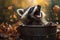 Raccoon in trash can leans out mouth open autumn. AI generated