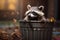 Raccoon in trash can leans out mouth open autumn. AI generated