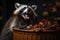 Raccoon in trash can leans out mouth open autumn. AI generated