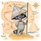 Raccoon is traveler. Child Game. Map with route. Look for pirate treasures on island and have fun in sea adventures