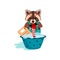 Raccoon Washes Clothes on the Washboard. Vector