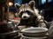 Raccoon washing dishes with Canon camera