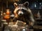 Raccoon washing dishes with Canon camera