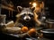 Raccoon washing dishes with Canon camera