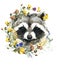 Raccoon Watercolor illystration. forest wildlife. Cartoon woodland animal.