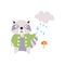 Raccoon WEaring Green Coat Under The Rain In Autumn Standing Upright Humanized Animal Character Illustration In Funky