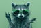 a raccoon wearing green sunglasses making a hand gesture