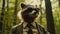 A raccoon wearing a suit and tie with sunglasses in the woods, AI