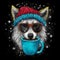 A raccoon wearing sunglasses and a knitted hat holding a cup of coffee. Generative AI image.