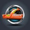 Race Car, steely rounded badge icon. For Ui - Game.
