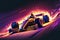 Race cars on futuristic track, in full speed, with neon lights, flames and sparkles. Generative Ai