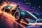 Race cars on futuristic track, in full speed, with neon lights, flames and sparkles. Generative Ai