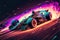 Race cars on futuristic track, in full speed, with neon lights, flames and sparkles. Generative Ai