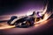 Race cars on futuristic track, in full speed, with neon lights, flames and sparkles. Generative Ai