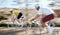 Race, cycling and fast with men in park for training, motion blur and cardio workout. Marathon, sports and exercise with