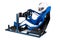 Race driver in blue overall with helmet taining on simracing aluminum simulator rig for video game racing. Motorsport car bucket