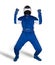 Race driver in blue white motorsport overall shoes gloves and safety gear crash helmet celebrating after winning isolated white