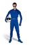 Race driver in blue white motorsport overall shoes gloves and safety gear crash helmet under his arm determined and ready to go