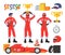 Race driver set, flat vector isolated illustration. Car driver, racer wearing costume. Racing gear and equipment.