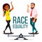 Race Equality Vector. On Scales. People Different Race And Skin Color Equal Rights. Isolated Flat Cartoon Illustration