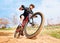 Race, nature and a man on a bike for cycling, fitness and training in the countryside. Exercise, adventure and a