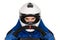 Race or rallye driver blue overall suit with steering wheel and crash helmet in racing seat isolated  white background. motorsport