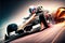Racer on a racing car passes the track. Motor sports competitive team racing. Motion blur background. Generative AI