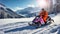 Racers ride snowmobile active speed winter snow a adrenaline speed forest, mountains