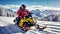 Racers ride snowmobile active speed winter suit action a beautiful magnificent snowy forest, mountains