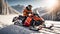 Racers ride snowmobile active speed winter suit action a magnificent snowy forest, mountains