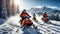 Racers ride snowmobile active speed winter suit active a beautiful magnificent snowy forest, mountains