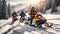 Racers ride snowmobile active a winter suit active a beautiful magnificent snowy forest, mountains