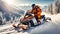 Racers ride snowmobile in a winter suit active a beautiful magnificent snowy forest, mountains