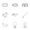 Races on horseback, hippodrome. Horse racing and equipping riders.Hippodrome and horse icon in set collection on outline