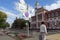 Rachmaninov Street in Tambov. View of the Musical Pedagogical Institute and the bell tower of the Kazan Monastery