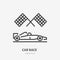 Racing car with checkered flags flat line icon. Vector sign of speed cars competition, sport automobile outline logo