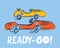 Racing car funny cool summer t-shirt print design. Race speed sports cabriolet auto. Ready-go slogan