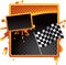 Racing checkered flag on orange banner