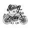 Racing. Emblem template with biker motorcycle. Design element for poster, t shirt, sign, label, logo