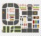 Racing game asset in flat style. Top view of roads, cards, signs. Road constructor for game design with simple and racing cars.